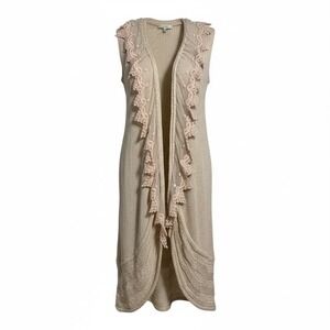 Boho Crochet Lace Longline Vest Cardigan Cream Cottagecore Romantic Duster Entro